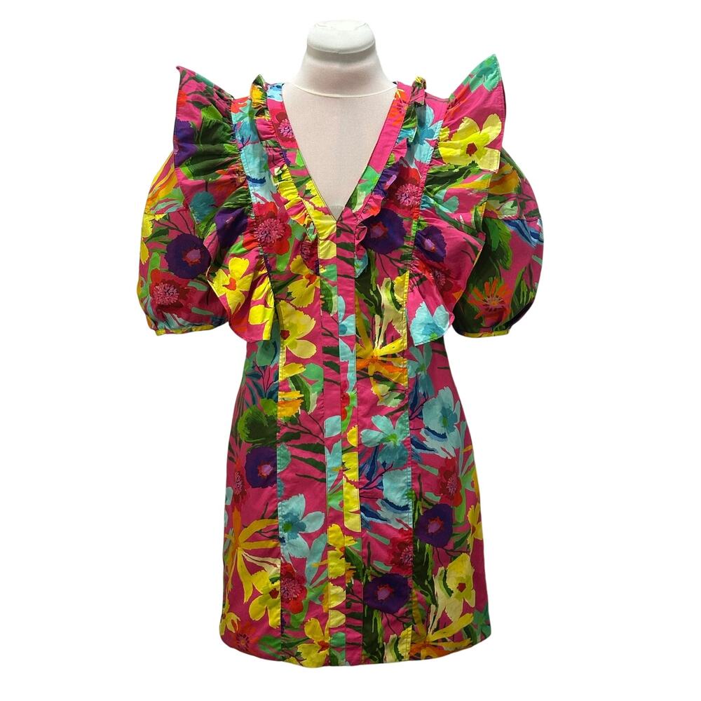Colorful Bright Fun Cotton Poplin  Ruffled Puff Sleeve Dress MED Rainbow Floral